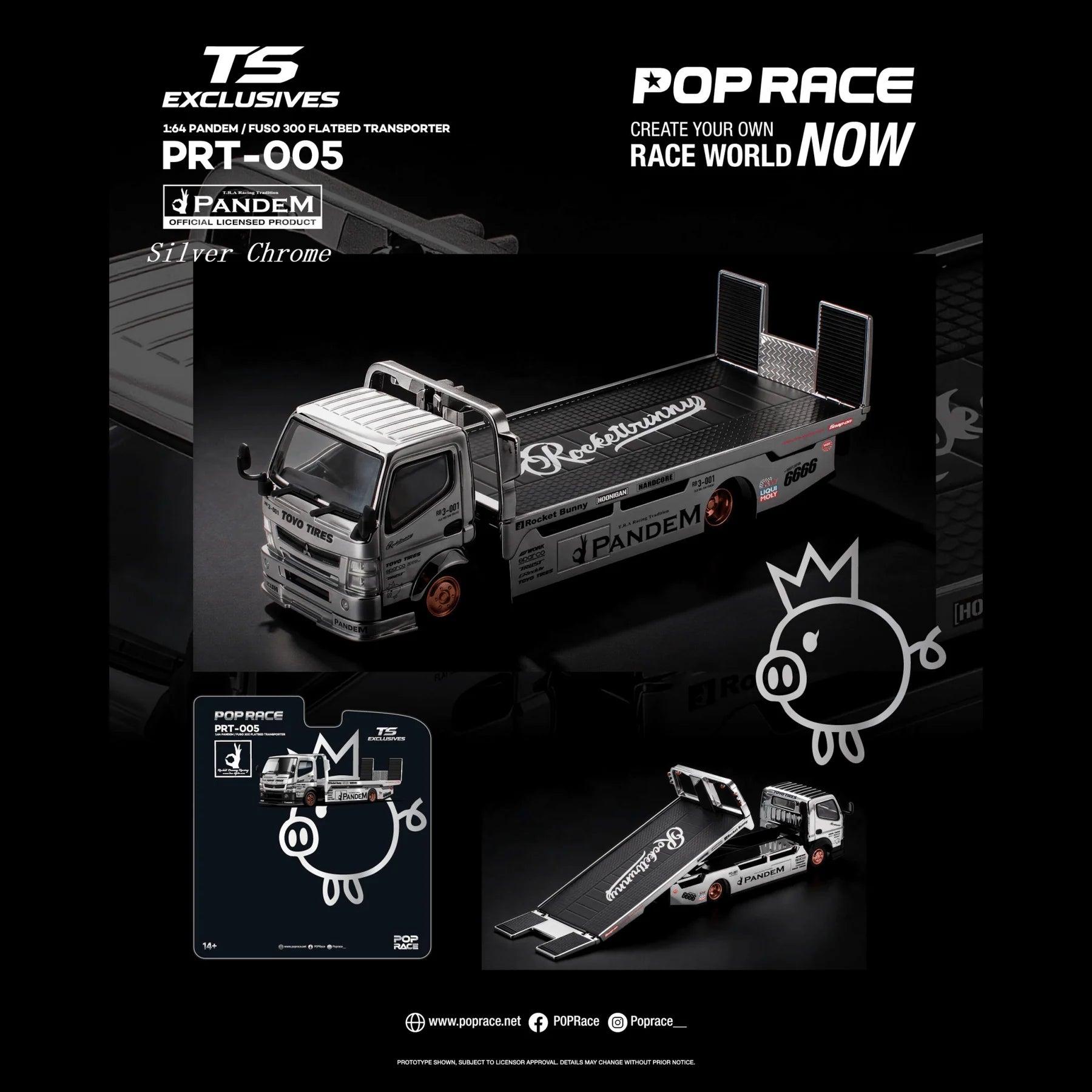 (PRE-ORDER 2026) POPRACE x TS Exclusives 1:64 PANDEM FUSO 300 Flatbed Transporter Silver Chrome – PRT005