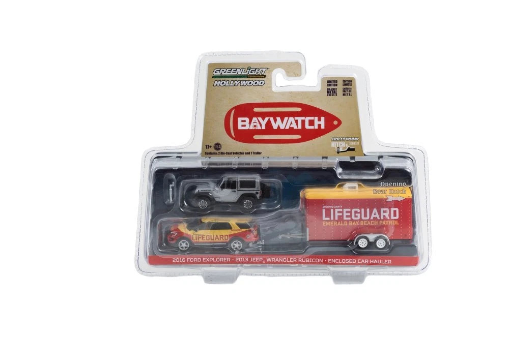2016 Ford Explorer Emerald Bay Beach Patrol Lifeguard with 2013 Jeep Wrangler Rubicon in Enclosed Car Hauler - Baywatch (2017)