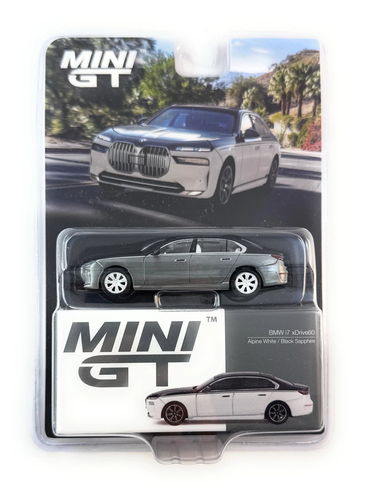 CHASE CARS-Mini GT- BMW i7 xDrive60 Alpine White / Black Sapphire (MGT00959-BL-CHASE)