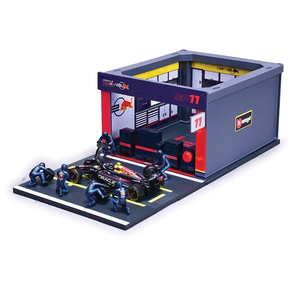 Bburago Diorama-1:43-2024 Formula Race Red Bull RB20 Pit Pass Paddock Set, Perez 