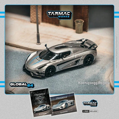 Tarmac Works Global64 1/64- Koenigsegg Regera Silver Metallic / Blue Accents Model Car + Trading Cards Combo Set T64G-TL017-SL