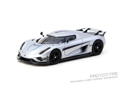 Tarmac Works Global64 1/64- Koenigsegg Regera Silver Metallic / Blue Accents Model Car + Trading Cards Combo Set T64G-TL017-SL