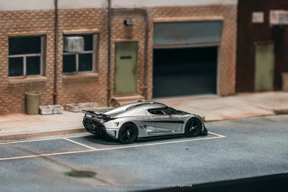 Tarmac Works Global64 1/64- Koenigsegg Regera Silver Metallic / Blue Accents Model Car + Trading Cards Combo Set T64G-TL017-SL