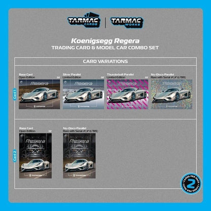 Tarmac Works Global64 1/64- Koenigsegg Regera Silver Metallic / Blue Accents Model Car + Trading Cards Combo Set T64G-TL017-SL