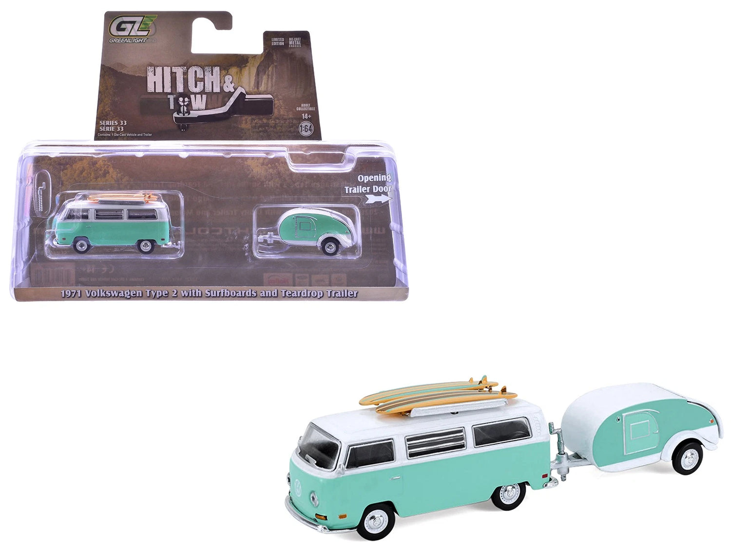 1971 VW Type 2 Van avec planches de surf et remorque GL32330-B