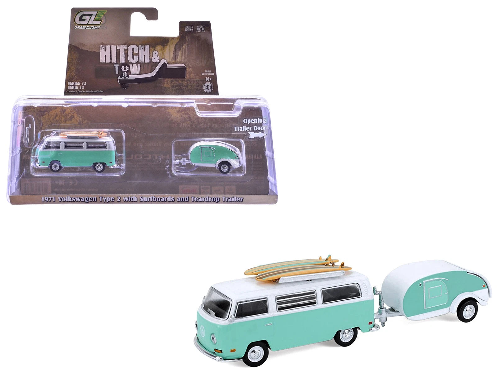 1971 VW Type 2 Van avec planches de surf et remorque GL32330-B