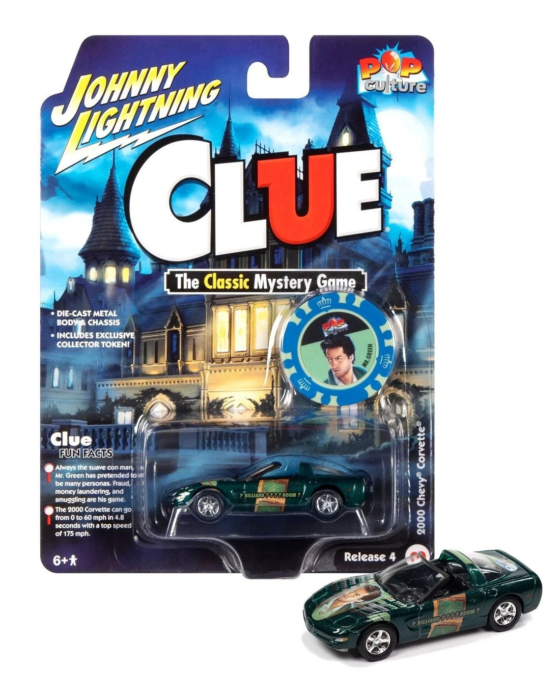 Johnny Lightning Pop Culture Release 4 Modern Clue 2000 Chevrolet Corvette Convertible Mr. Green avec jeton – Vert métallisé – JLPC009-JLSP265