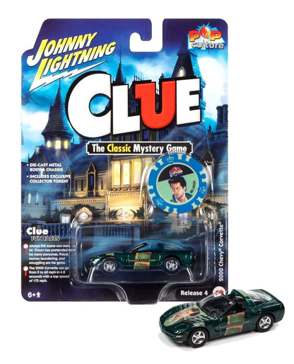 Johnny Lightning Pop Culture Release 4 Modern Clue 2000 Chevrolet Corvette Convertible Mr. Green avec jeton – Vert métallisé – JLPC009-JLSP265