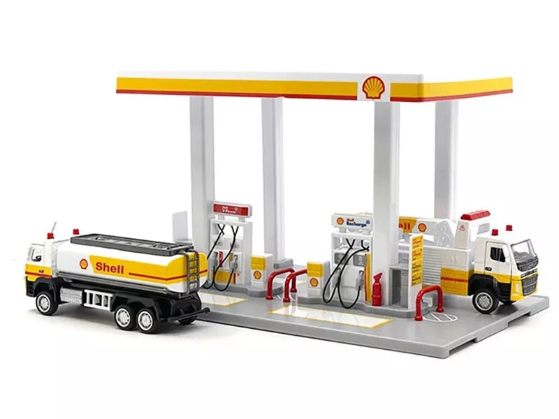 Diorama Model Kit de jeu station service Shell avec pétrolier Volvo et dépanneuse Volvo 1:64  (Shell Gas Station Playset w/ Volvo Oil Tanker and Volvo Tow Truck 1:64