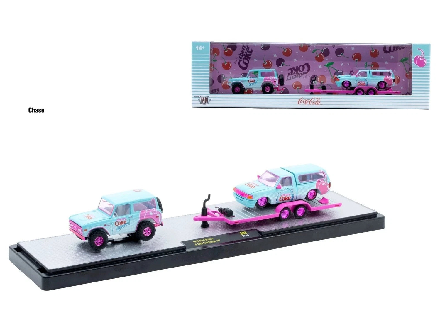 CHASE CAR – M2 Machines 1:64 1976 Ford Bronco &amp; 1995 Ford Ranger XLT – Coca-Cola Auto-Haulers Release S03 – 56000-S03-B-CHASE