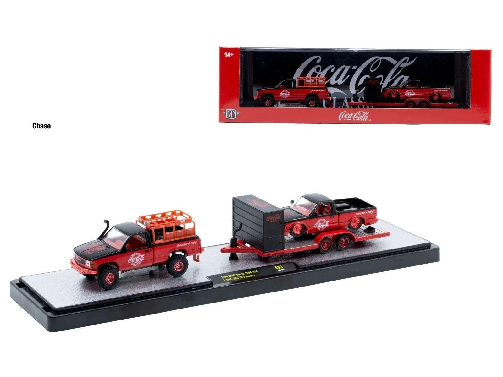 CHASE CAR – M2 Machines 1:64 1998 GMC Sierra 1500 4X4 &amp; 1995 GMC S15 Sonoma – Coca-Cola Auto-Haulers Release S03 – 56000-S03-C-CHASE