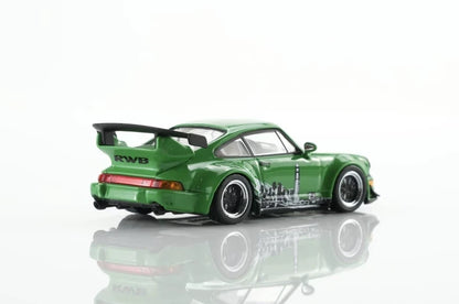 Motorhelix 1:64 Porsche RWB 964 – Signal Green – Hong Kong ToyCar Salon Exclusive – Boîte Acrylique M62125DZ-HK