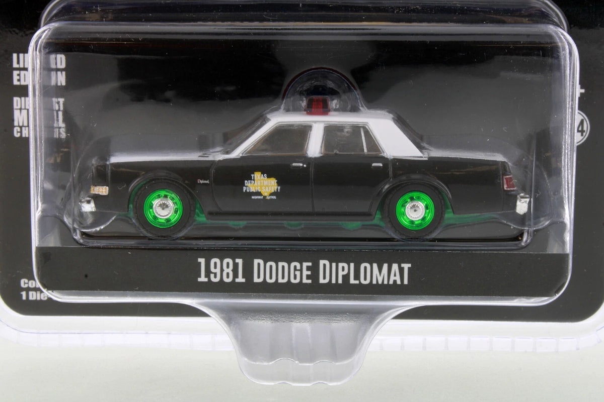 CHASE CAR GreenLight 1:64 1981 Dodge Diplomat Texas Department of Public Safety Hobby Exclusive – Jantes vertes – GL30303-CHASE