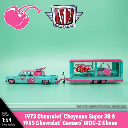 CHASE CARS-M2 Machines-1973 Chevrolet Cheyenne Super 30 with 1985 Chevrolet Camaro IROC-Z - Cherry Coke (CHASE-56000-TW40B)