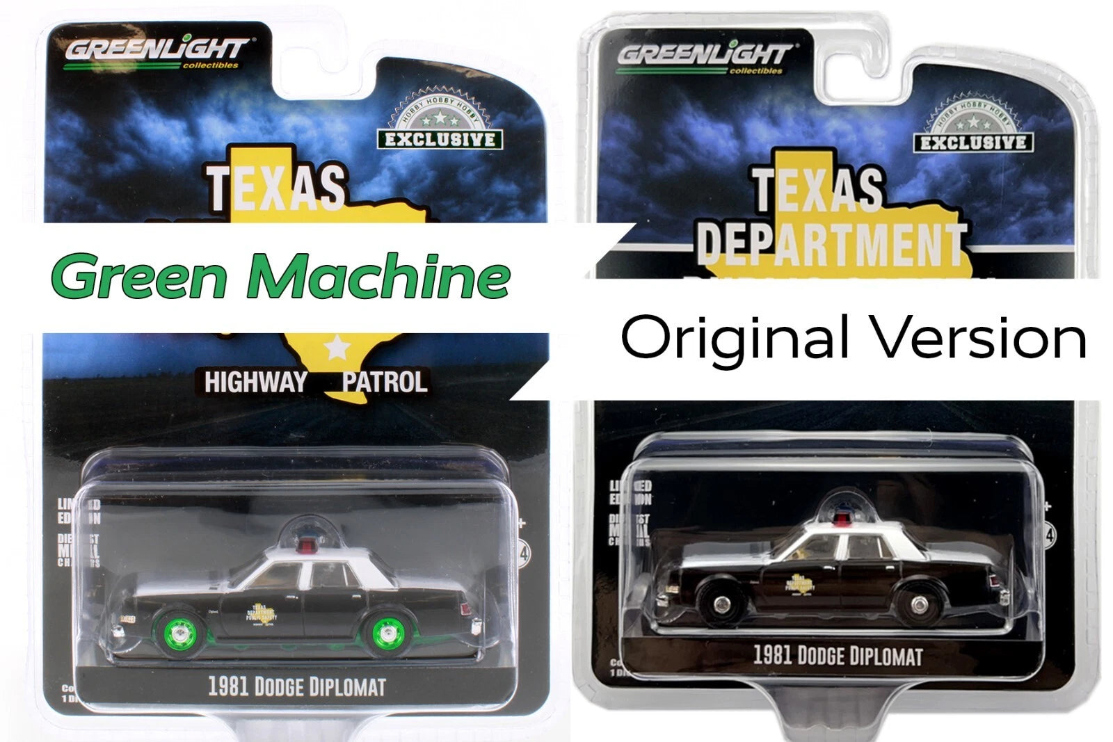 CHASE CAR GreenLight 1:64 1981 Dodge Diplomat Texas Department of Public Safety Hobby Exclusive – Jantes vertes – GL30303-CHASE
