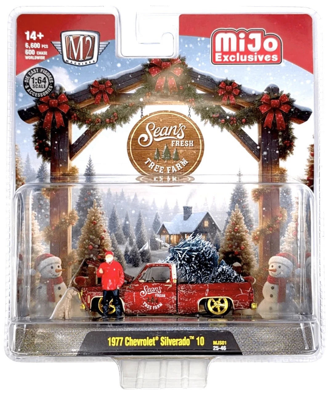 CHASE CARS-Diorama Sean’s Fresh Tree Farm 1977 Chevrolet Silverado 10 with Sean Figure Dog (M2 Machines)