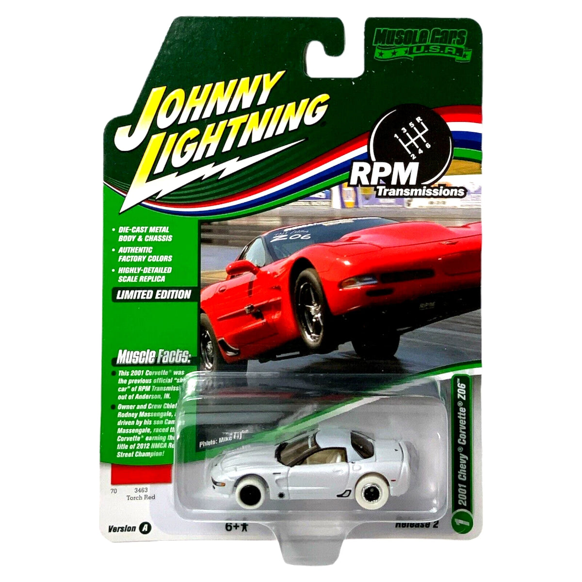 CHASE CAR – White 2001 Chevrolet Corvette Z06 – Muscle Cars U.S.A. Release 2 Version A – Johnny Lightning 1:64 – JLMC030-2A-1-CHASE