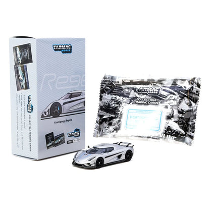 Tarmac Works Global64 1/64- Koenigsegg Regera Silver Metallic / Blue Accents Model Car + Trading Cards Combo Set T64G-TL017-SL