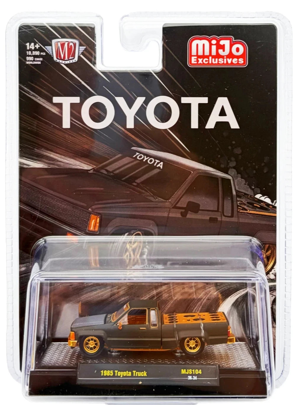 CHASE CAR M2 Machines 1:64 Toyota Pickup Truck Slammed Custom 1985 – Gris mat – Roues dorées et accents dorés – 31500-MJS104-CHASE