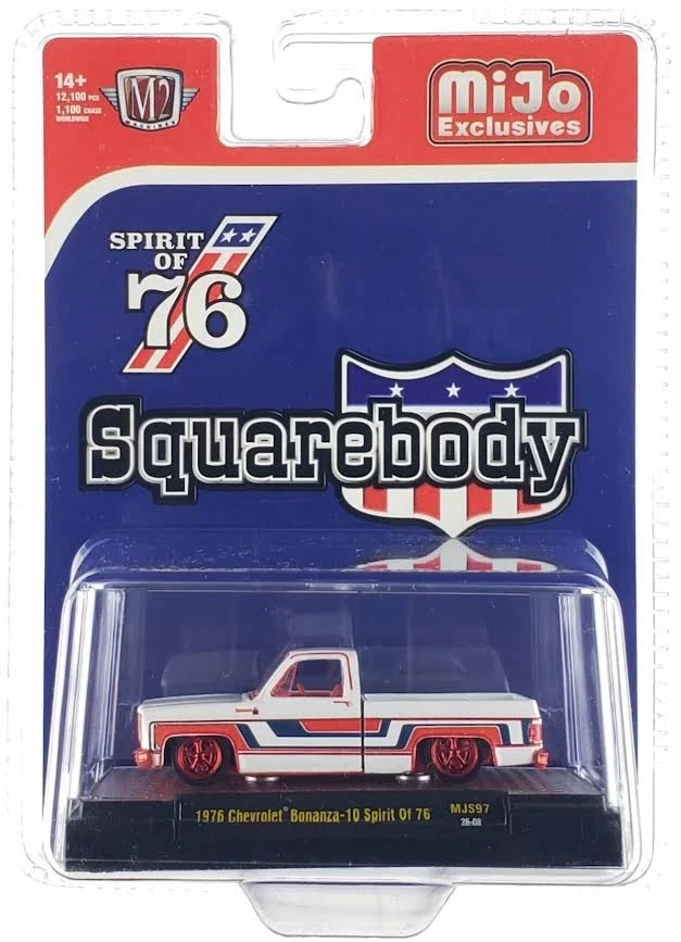 CHASE CAR – M2 Machines 1:64 1976 Chevrolet Silverado Bonanza-10 SPIRIT OF 76 Squarebody – White – Red Chrome Wheels – MiJo Exclusives – 31500-MJS97-CHASE