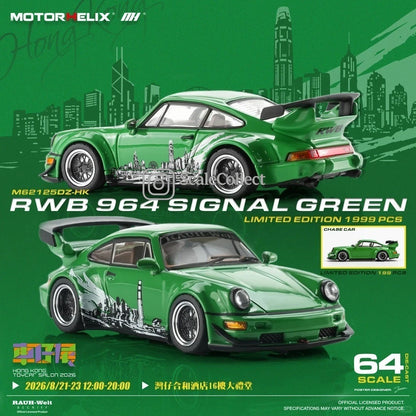 Motorhelix 1:64 Porsche RWB 964 – Signal Green – Hong Kong ToyCar Salon Exclusive – Boîte Acrylique M62125DZ-HK