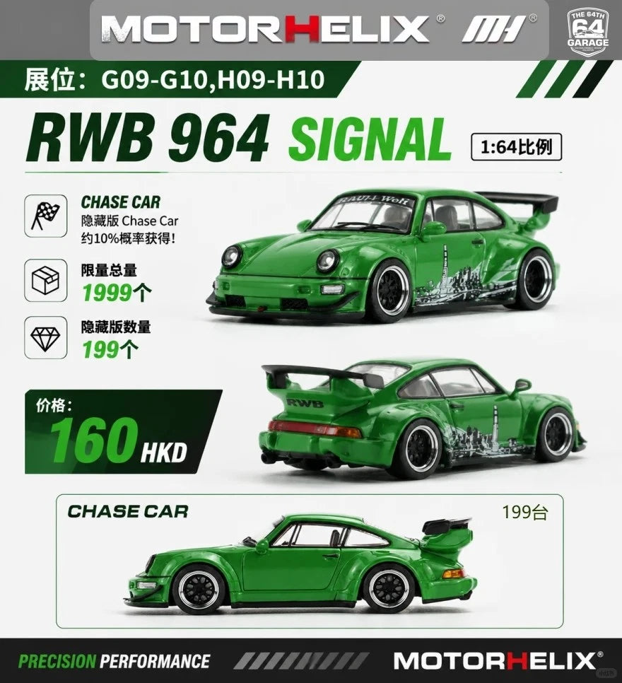 Motorhelix 1:64 Porsche RWB 964 – Signal Green – Hong Kong ToyCar Salon Exclusive – Boîte Acrylique M62125DZ-HK