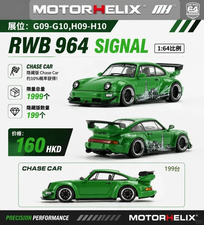 Motorhelix 1:64 Porsche RWB 964 – Signal Green – Hong Kong ToyCar Salon Exclusive – Boîte Acrylique M62125DZ-HK