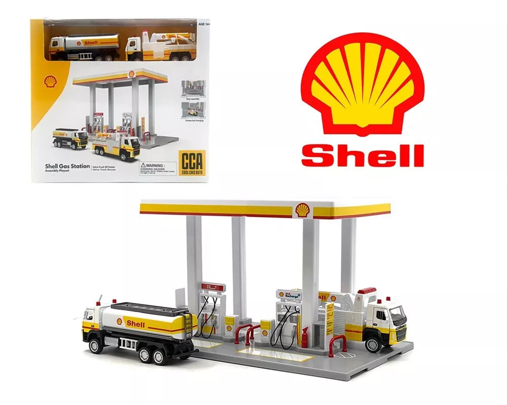 Diorama Model Kit de jeu station service Shell avec pétrolier Volvo et dépanneuse Volvo 1:64  (Shell Gas Station Playset w/ Volvo Oil Tanker and Volvo Tow Truck 1:64