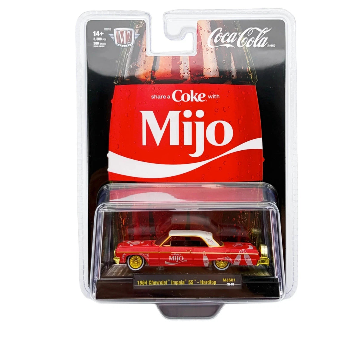 CHASE CAR M2 Machines 1:64 Coca-Cola “Share a Coke with MiJo” 1964 Chevrolet Impala SS Lowrider – Roues dorées et accents dorés – 51500-MJS01-CHASE