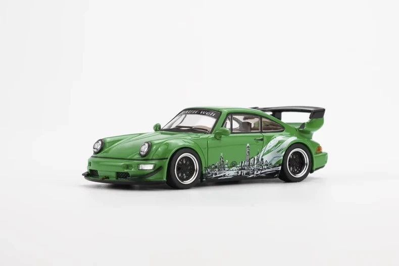 Motorhelix 1:64 Porsche RWB 964 – Signal Green – Hong Kong ToyCar Salon Exclusive – Boîte Acrylique M62125DZ-HK
