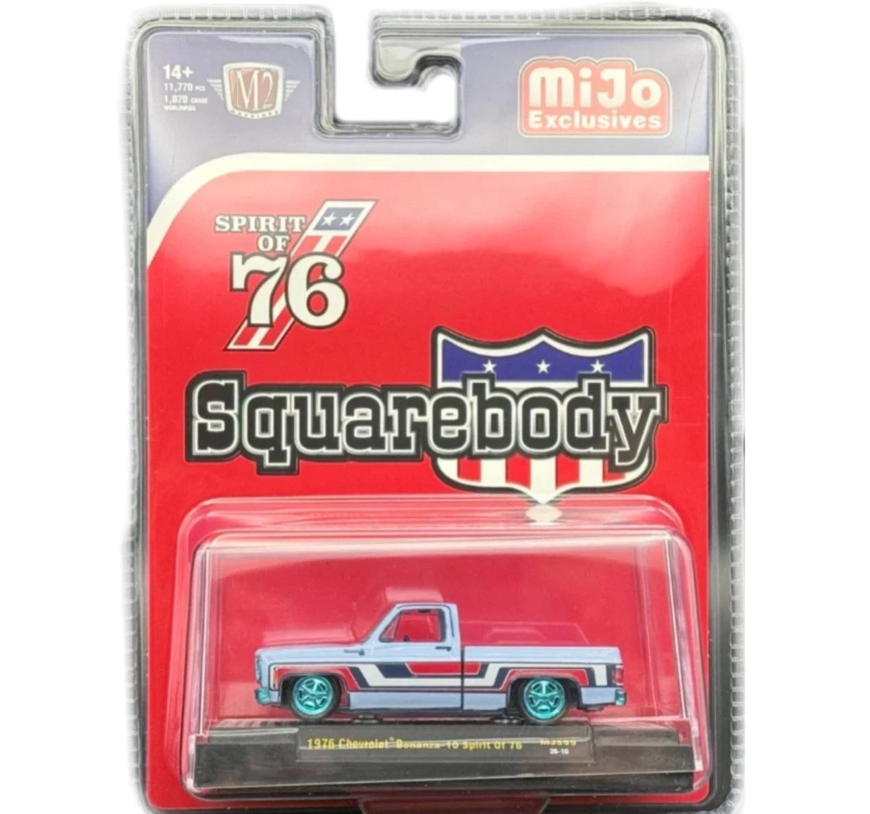 CHASE CAR – M2 Machines 1:64 1976 Chevrolet Silverado Bonanza-10 SPIRIT OF 76 Squarebody – Blue – Blue Chrome Wheels – MiJo Exclusives – 31500-MJS99-CHASE