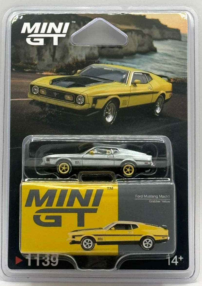 CHASE CAR Ford Mustang Mach 1 Chrome Silver with Yellow Wheels - Mini GT 1:64 - MGT01139-BLC