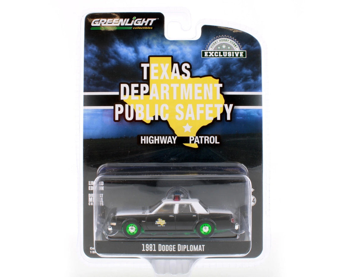 CHASE CAR GreenLight 1:64 1981 Dodge Diplomat Texas Department of Public Safety Hobby Exclusive – Jantes vertes – GL30303-CHASE