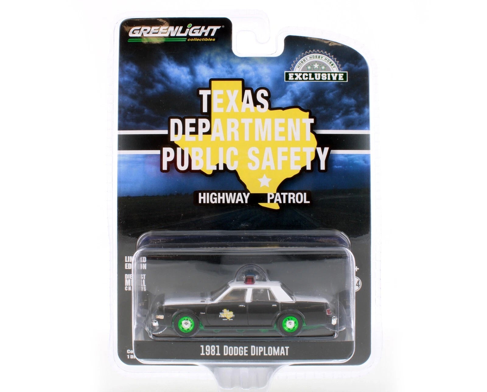 CHASE CAR GreenLight 1:64 1981 Dodge Diplomat Texas Department of Public Safety Hobby Exclusive – Jantes vertes – GL30303-CHASE
