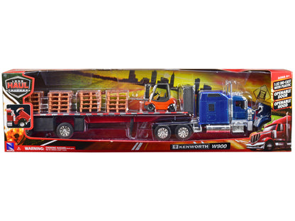 Kenworth W900 avec remorque plateau, chariot élévateur et palettes