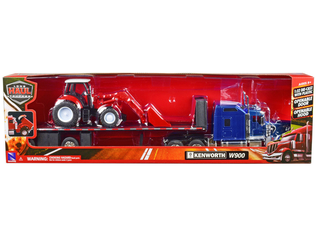 Kenworth W900 Semi Truck in Blue with Flatbed Trailer and Red Farm Tractor with Front Loader