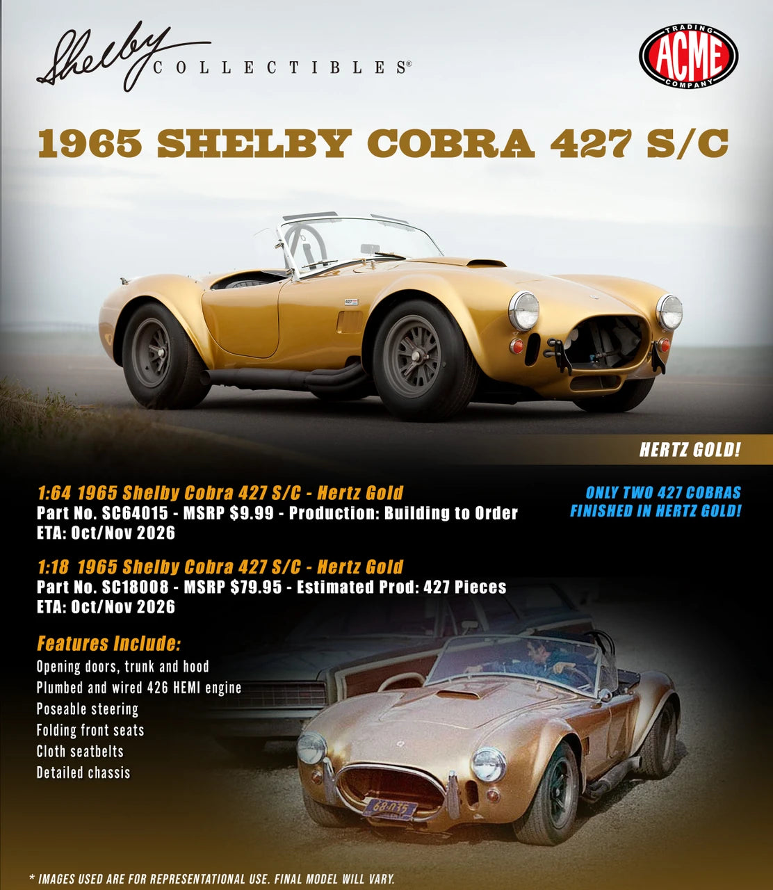 (PRE-ORDER 2027) Shelby Collectibles 1:64 1965 Shelby Cobra 427 S/C Hertz Gold – SC64015
