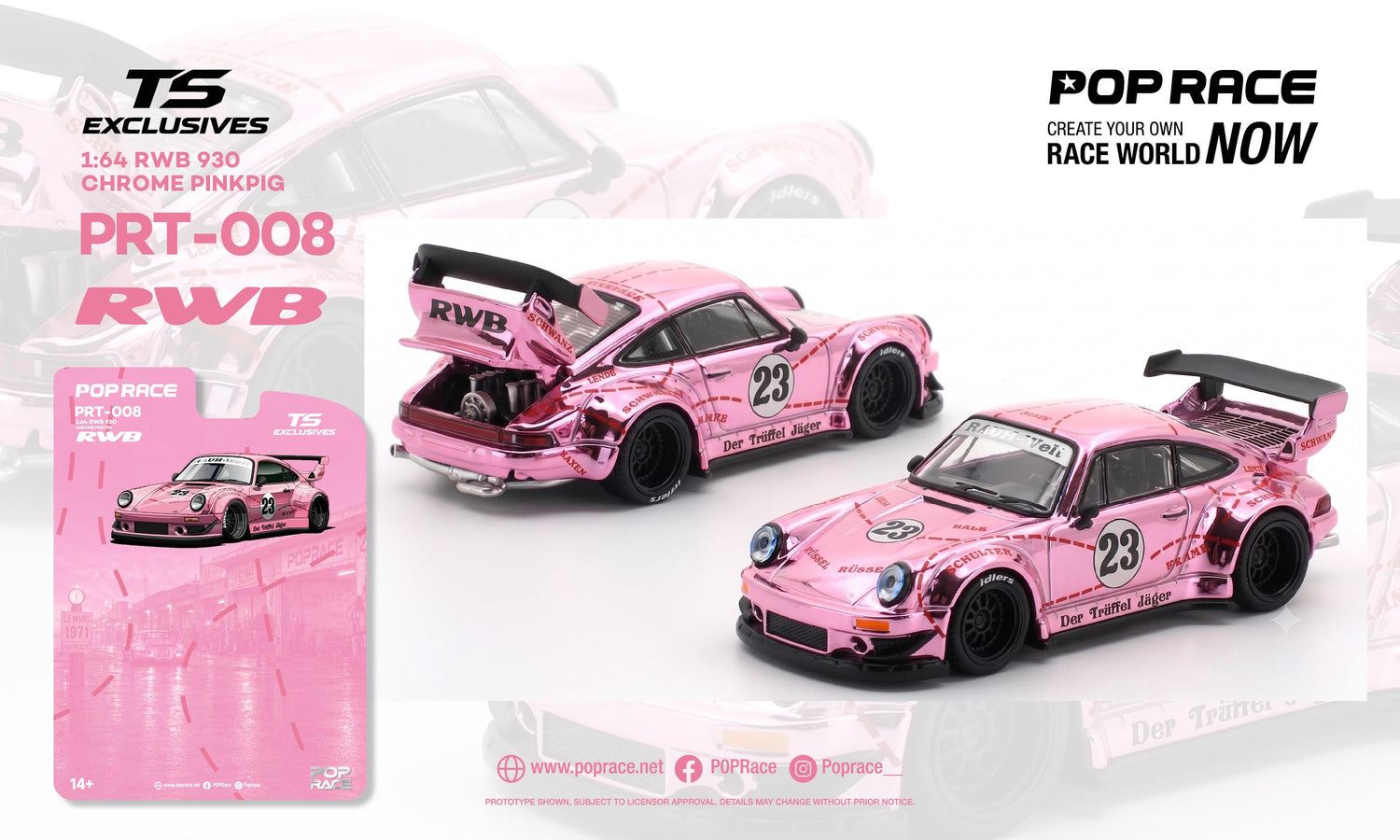 (PRE-ORDER 2026) RWB 930 « Pink Pig » rose chromé – POPRACE TS Exclusive 1:64 – PRT008