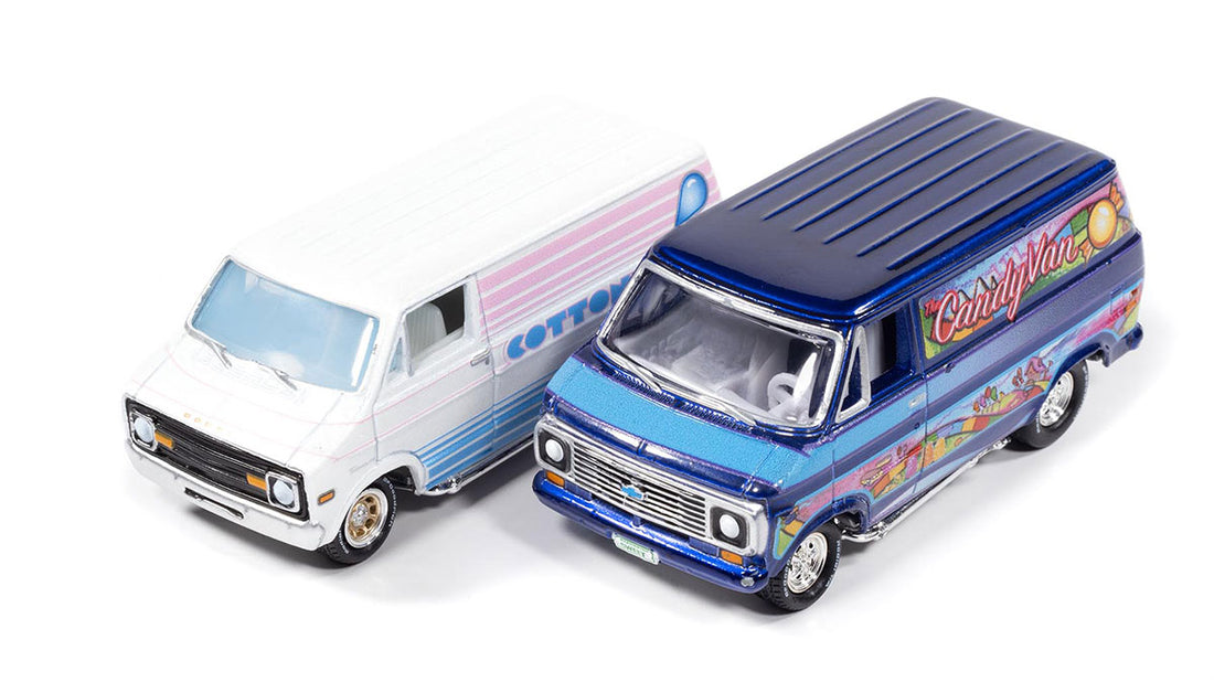 1976 Dodge Tradesman Van &amp; 1975 Chevrolet G20 Van – Johnny Lightning Twin Pack 1:64 – JLPK024VANSB