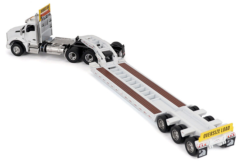 Kenworth T880 SBFA Daycab Tridem Tractor in White with Trail King TK120 HDG Lowboy Trailer