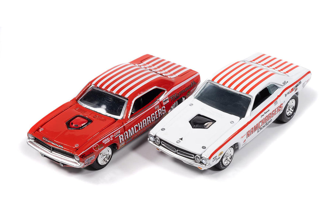 1971 Dodge Challenger Pro Stock &amp; 1970 Plymouth Cuda Super Stock Ramchargers **version A** – Johnny Lightning 1:64 JLPK024RAMCHARGERSA