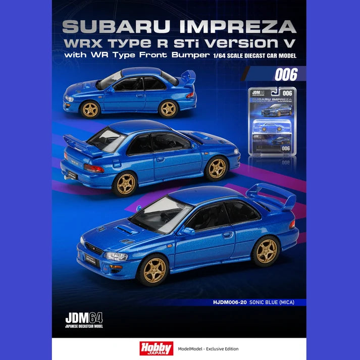 Subaru Impreza WRX Type R STI Version avec pare-chocs avant WR Type Sonic Blue Mica 1:64 – Hobby Japan JDM64 HJDM006-20