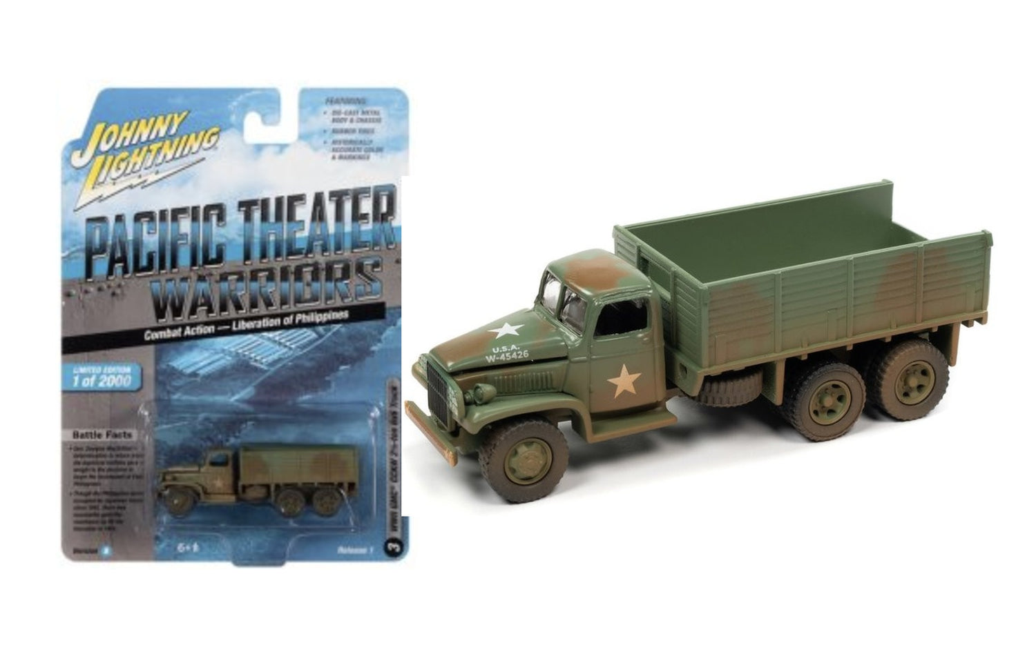 Camion WWII GMC CCKW 2.5 Ton 6x6 Olive Drab « Combat Action - Battle of Guadalcanal » – Johnny Lightning WWII Pacific Theater Warriors (JLML007-1B-E)
