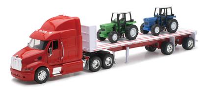 Peterbilt 387 Camion Flatbed Rouge avec 2 Tracteurs Agricoles Bleu et Vert "Long Haul Trucker"