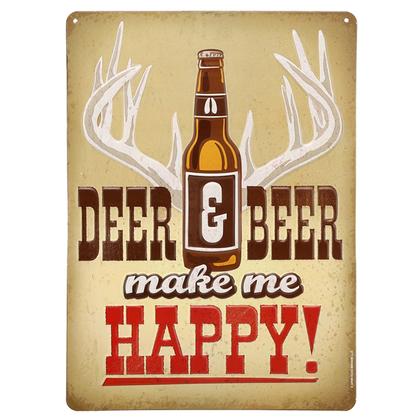 DEER &amp; BEER HAPPY EMBOSSED TIN SIGN (9.5"x13")