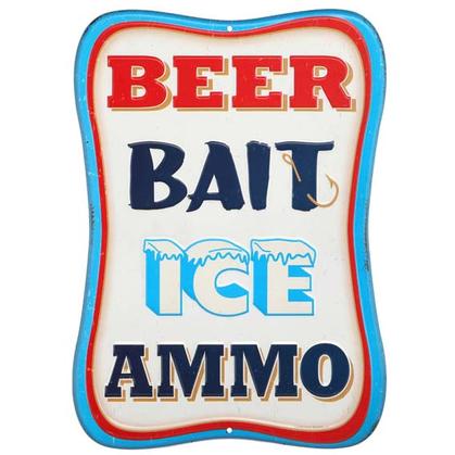 BEER BAIT ICE AMMO BLUE EMBOSSED TIN SIGN 10&quot;x14&quot;