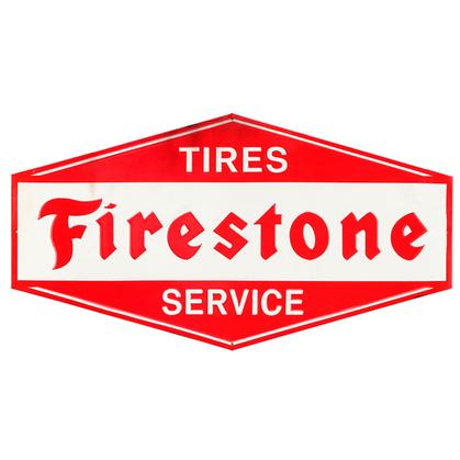 TIRES FIRESTONE SERVICE RUSTIC EMBOSSED TIN SIGN 26"x14"