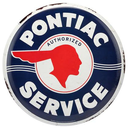 PONTIAC SERVICE BUTTON EMBOSSED TIN SIGN 14"x14"