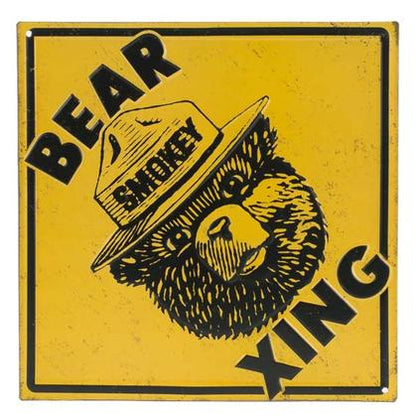 SMOKEY BEAR XING EMBOSSED TIN SIGN 9"x9"
