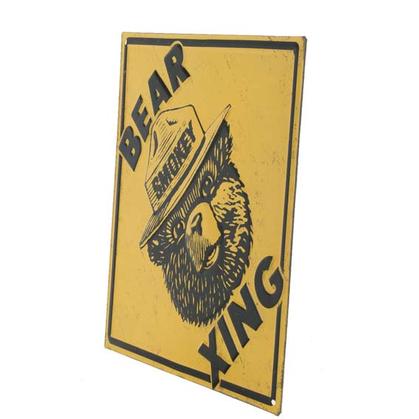 SMOKEY BEAR XING EMBOSSED TIN SIGN 9"x9"